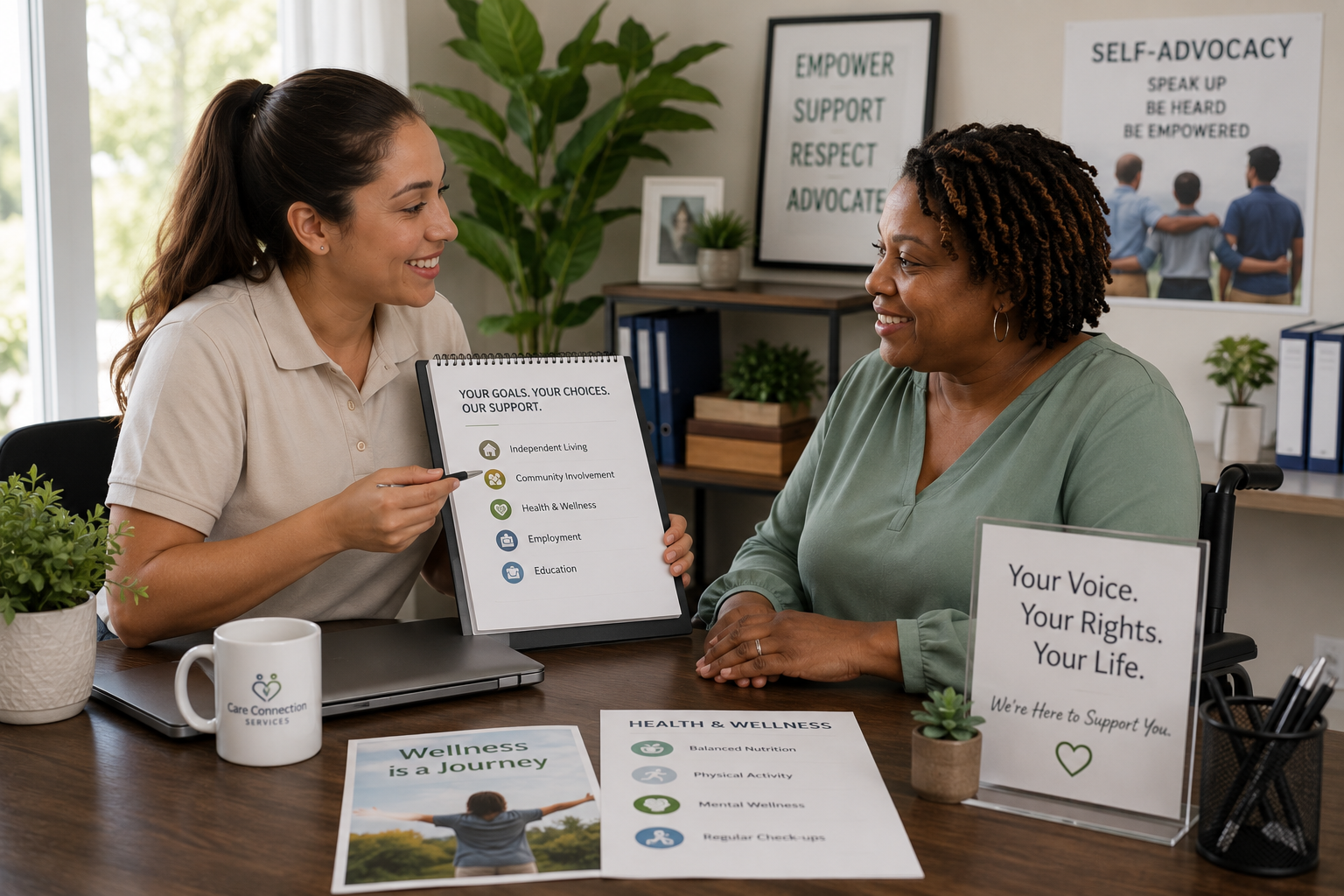A support coordinator reviewing a personal goals plan with a client