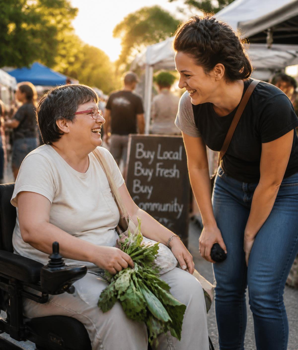 Neighbors greeting each other at an outdoor community market