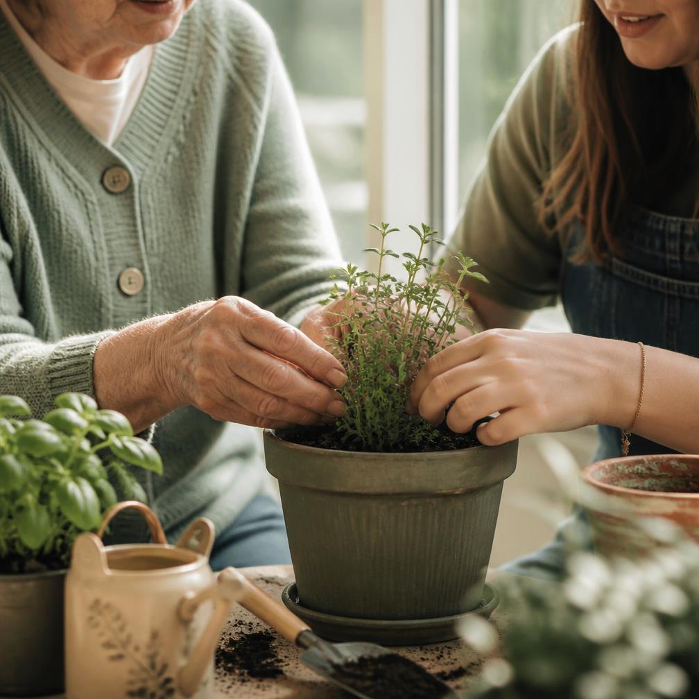 Two pairs of hands planting herbs together